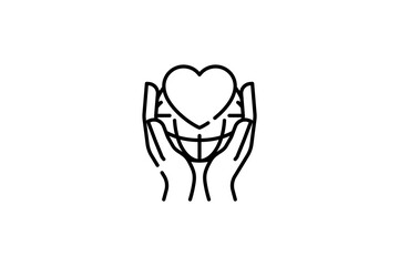 Flat charity icon showing globe, heart, and hands, symbolizing love, global aid, unity, and support. black line style isolated on white background