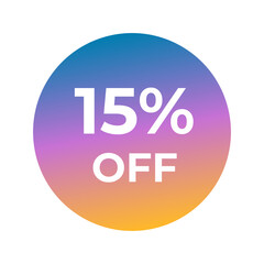 15 percent off discount label with colorful gradient circle design for sale and promotion banners