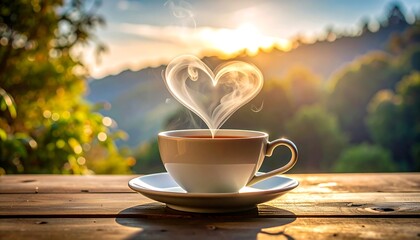 A steaming cup of coffee with a heart-shaped vapor above, sunset