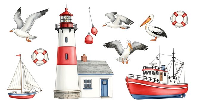 Watercolor nautical set isolated on white background featuring lighthouse, seagulls, boat, buoy, lifebuoy, and house