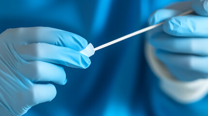 Medical professional in sterile gloves holds a swab for testing, highlighting healthcare's diagnostic role. Focus on hygiene and patient care in laboratory setting.