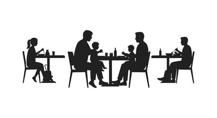 A diverse group of people enjoying a meal together at tables in a restaurant silhouette
