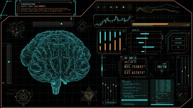 Animated display of a high-tech interface for brain research