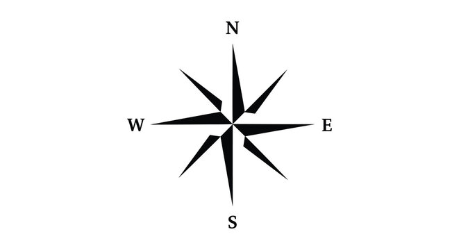 Black silhouette of a compass rose with cardinal directions north east south west on a white background silhouette