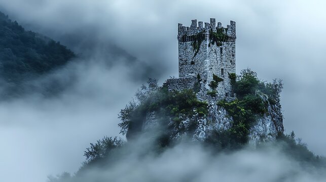 Ancient stone castle ruins perched on a misty mountain peak shrouded in fog