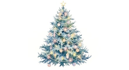 Obraz premium Watercolor illustration of a christmas tree decorated with lights and ornaments isolated on white background, creating a festive atmosphere