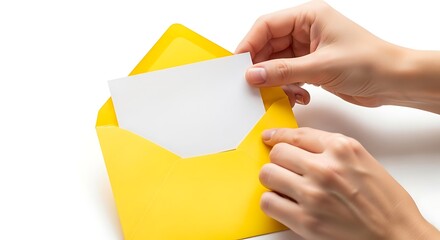Hands placing a blank white card into a bright yellow envelope isolated on white background, symbolizing communication and connection
