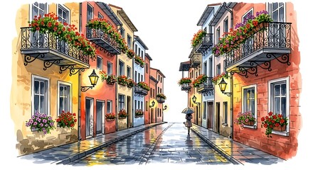 Watercolor painting of a colorful street scene with buildings and balconies isolated on white background, showcasing urban architecture
