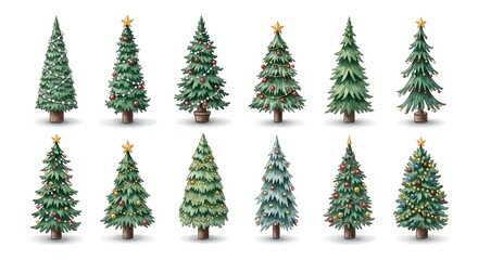 Watercolor painting of a collection of christmas trees with decorations, isolated on white background