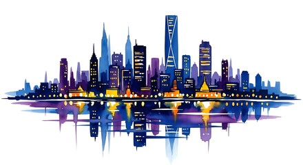 Watercolor painting of a vibrant city skyline at night with colorful reflections on the water, creating a dynamic and artistic scene