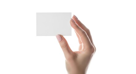 Female hand holding a blank business card isolated on white background, perfect for adding your own text or design