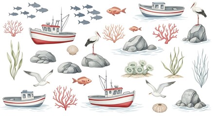 Watercolor set with fishing boats, fish, seagulls, seaweeds, corals, and stones isolated on white background, perfect for nautical designs