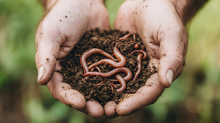 A farmer holds earthworms and soil in their hands. These earthworms enrich the soil, helping plants grow. They thrive in a moist, dark environment, which helps make the soil richer.