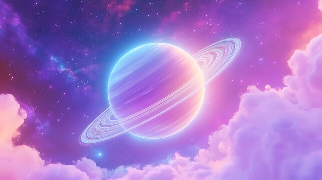Dreamy glowing planet with rings surrounded by soft pastel clouds and starry nebula in outer space