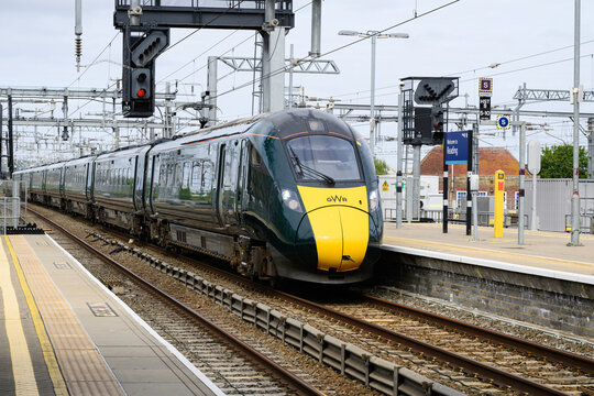 Reading, England, UK - September 9, 2025; Great Western Railway GWR class 802 Intercity Express Train arriving at Reading railway station
