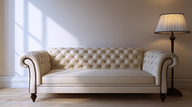 Elegant tufted cream sofa with decorative lamp casting soft shadows on a neutral wall