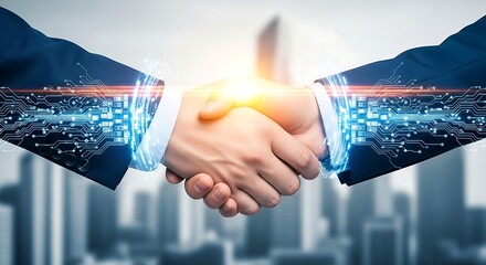 Business people handshake with futuristic technology interface and cityscape in the background, symbolizing collaboration and innovation