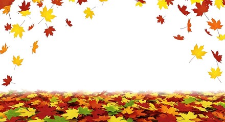 Colorful autumn leaves falling on a pile of leaves isolated on white background, creating a vibrant scene