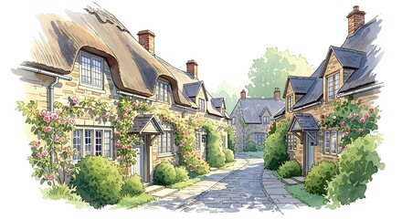 Watercolor painting of a charming cotswold village street with thatched roof cottages isolated on white background