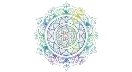 Intricate watercolor mandala design with rainbow colors isolated on white background, creating a spiritual pattern