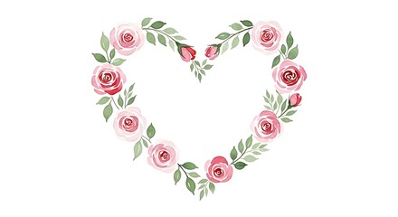 Watercolor heart shaped wreath with pink roses and green leaves isolated on white background for valentines day