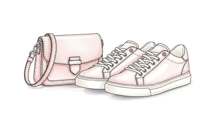 Watercolor illustration of a pink handbag and sneakers isolated on white background for fashion design