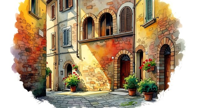 Fototapeta Watercolor painting of a charming italian street scene isolated on white background captures the essence of tuscany