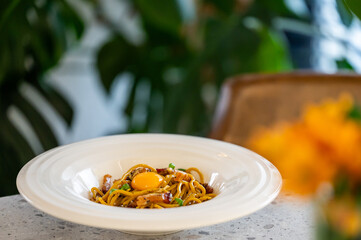 Bowl of savory noodles topped with raw egg yolk, herbs, and sauce. Served in a white ceramic dish on a speckled surface in cozy indoor setting with blurred plants.