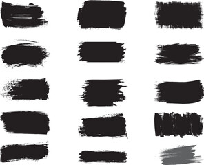 Collection of diverse black paint brush strokes and textured rectangular shapes on a white background
