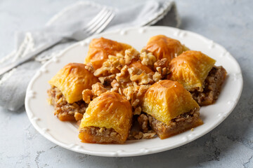 Traditional Turkish dessert; Handmade walnut baklava. Turkish name; cevizli baklava
