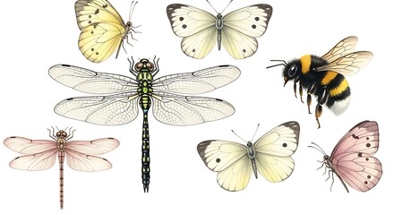 Collection of insects isolated on white background butterflies, dragonflies and bumblebee for design watercolor illustration
