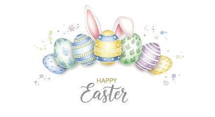 Watercolor illustration of easter eggs with bunny ears isolated on white background happy easter lettering
