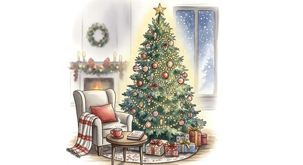 Watercolor illustration of a cozy living room with a decorated christmas tree isolated on white background