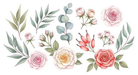 Watercolor set of roses, leaves, and berries isolated on white background delicate floral elements for design