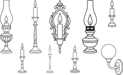 Collection of vintage lighting fixtures isolated on white background, featuring candles, oil lamps, and wall sconces in a detailed line art style