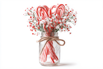 Candy canes and babys breath in a mason jar festive holiday arrangement perfect for Christmas cards and seasonal promotions