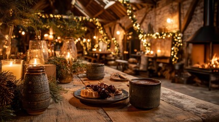 Warm and Inviting Holiday Gathering Featuring Festive Treats, Cozy Lighting, and a Rustic Atmosphere in a Beautifully Decorated Space