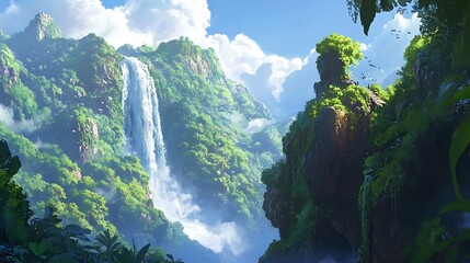 A stunning waterfall cascades down a lush green mountain, surrounded by vibrant vegetation and mist, creating a serene and breathtaking landscape