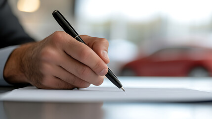 A business person signs a contract with a black pen on white paper in a well-lit office. This picture represents important decisions and transactions with accuracy.