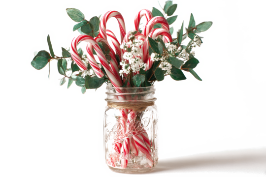 Festive candy cane bouquet in a mason jar decorated with eucalyptus and small white flowers perfect for Christmas and holiday celebrations - Powered by Adobe