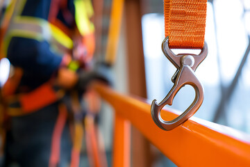 Close-up shot of safety harness and lanyard, emphasizing the importance of safety equipment on construction sites. Key for fall arrest and protection in industrial work.
