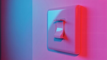 Modern light switch illuminated with vibrant neon pink and blue lighting