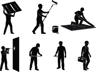 Obraz premium Construction workers silhouette set, painting, drilling, measuring, flooring, wrenching, carrying tools, vector illustration for building, maintenance, renovation, labor, industry