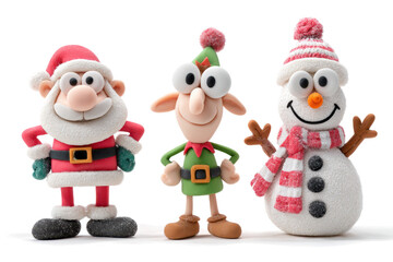 Claymation Christmas characters including Santa Claus an elf and a snowman festive holiday decorations on a white background