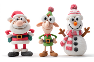 Claymation Christmas characters including Santa Claus an elf and a snowman festive holiday decorations on a white background