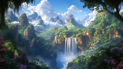 A breathtaking view of a majestic waterfall cascading through a lush green valley surrounded by towering mountains and a vibrant, colorful forest