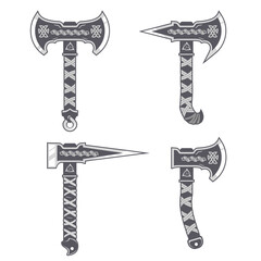 Viking battle axes in grey tones. Set of four medieval weapons with Nordic ornament. Vector