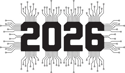Futuristic 2026 Year Typography with Circuit Board Connections and Digital Technology Theme
