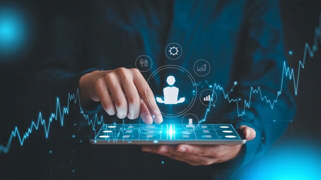 Analyze financial growth and business strategy with digital tablet data visualization