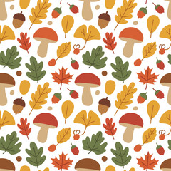 Obraz premium A seamless pattern featuring mushrooms and autumn leaves, rendered as a vector illustration with a background of fall foliage and fungi